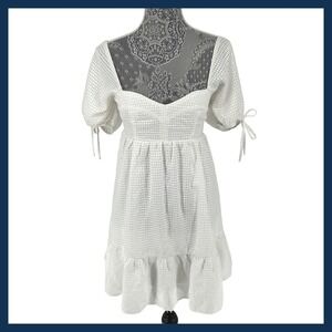 TCEC White Gingham Puff Sleeve Sweetheart Neckline Mini Dress Size S Cottagecore